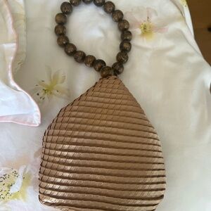 Brown and Gold Textured Clutch with Beaded Handle